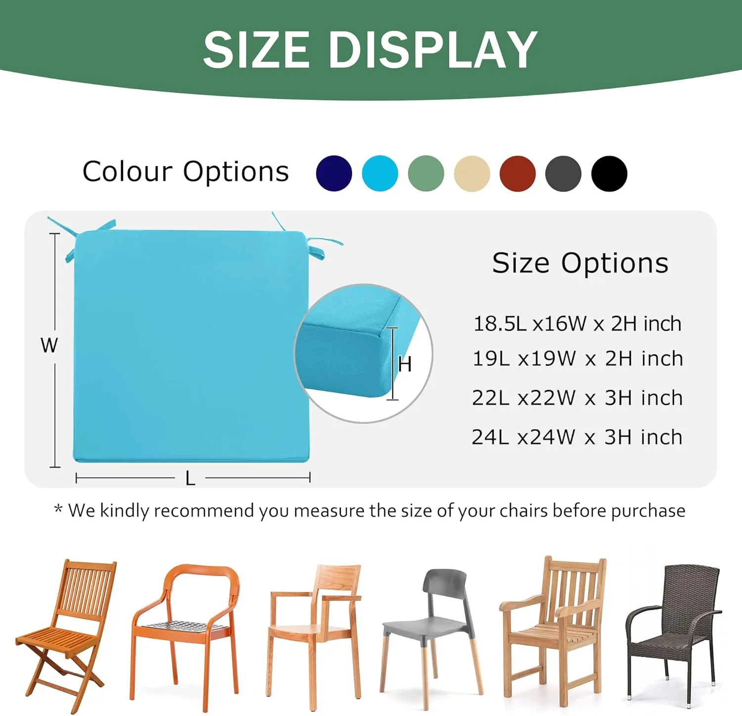 Outdoor Chair Cushions Set of 4: Waterproof & Fade Resistant Seat Cushion for Patio Furniture - 18.5 x 16 x 2 Inch Chair Pads with Ties and Hidden Zipper - Patio Chair Cushion Replacement, Teal