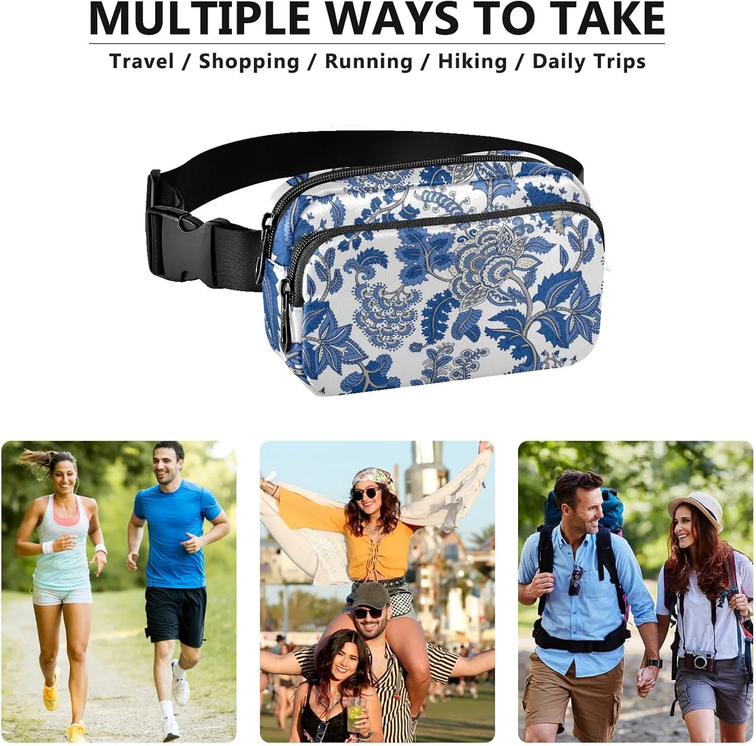 Oyihfvs Seamless Floral Paisley Ornament Curly Flowers on White Adjustable Fanny Waist Pack Pouch, Waterproof Runners Sports Waist Pack Wallet for Sports Hiking Fitness Cycling Gym Women Men
