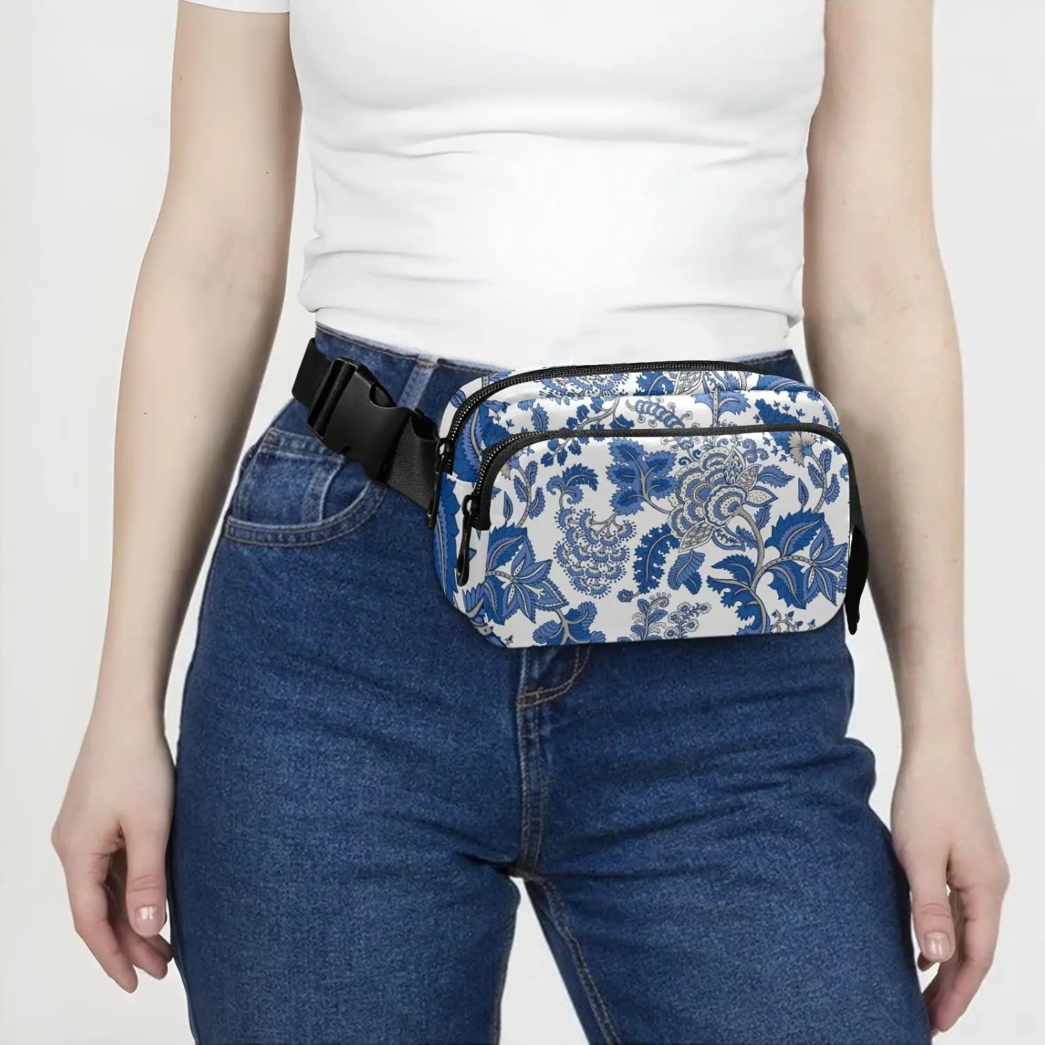 Oyihfvs Seamless Floral Paisley Ornament Curly Flowers on White Adjustable Fanny Waist Pack Pouch, Waterproof Runners Sports Waist Pack Wallet for Sports Hiking Fitness Cycling Gym Women Men