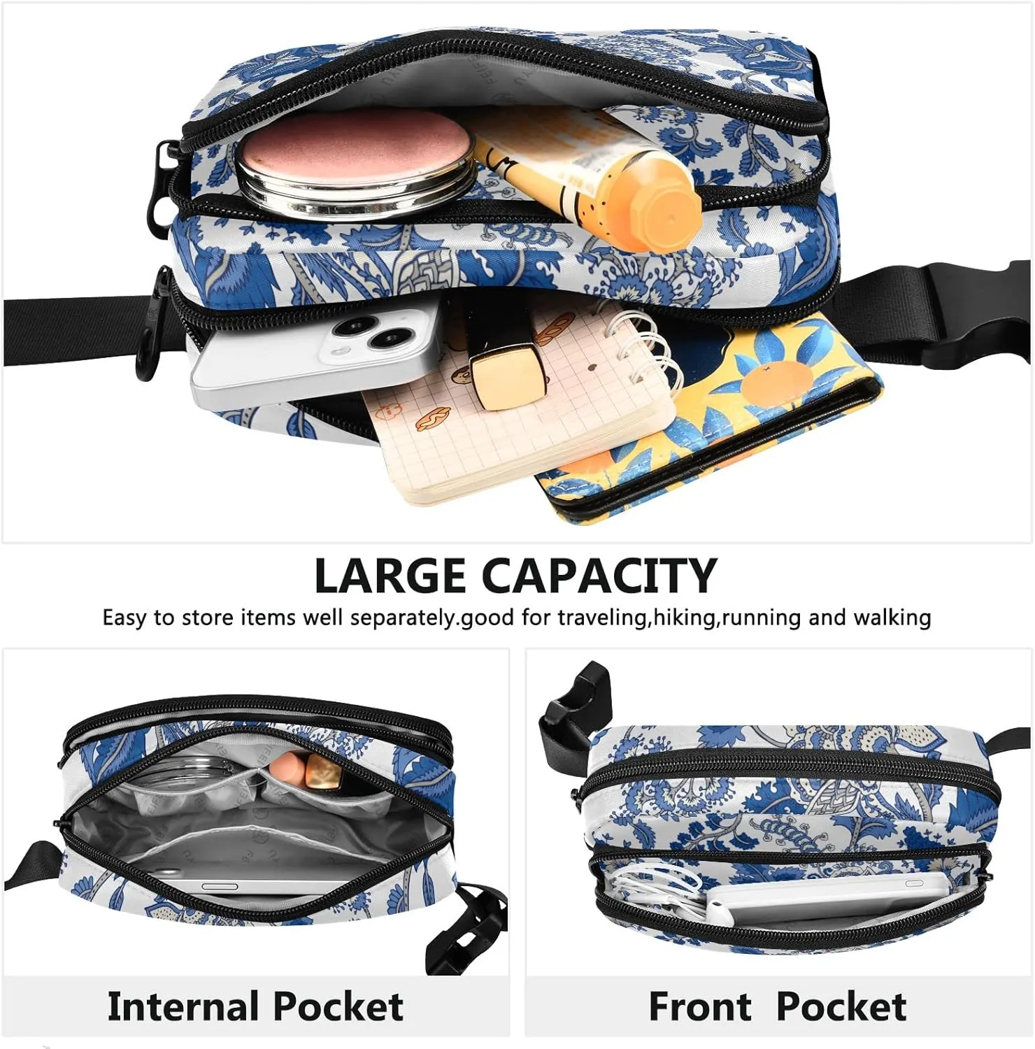 Oyihfvs Seamless Floral Paisley Ornament Curly Flowers on White Adjustable Fanny Waist Pack Pouch, Waterproof Runners Sports Waist Pack Wallet for Sports Hiking Fitness Cycling Gym Women Men