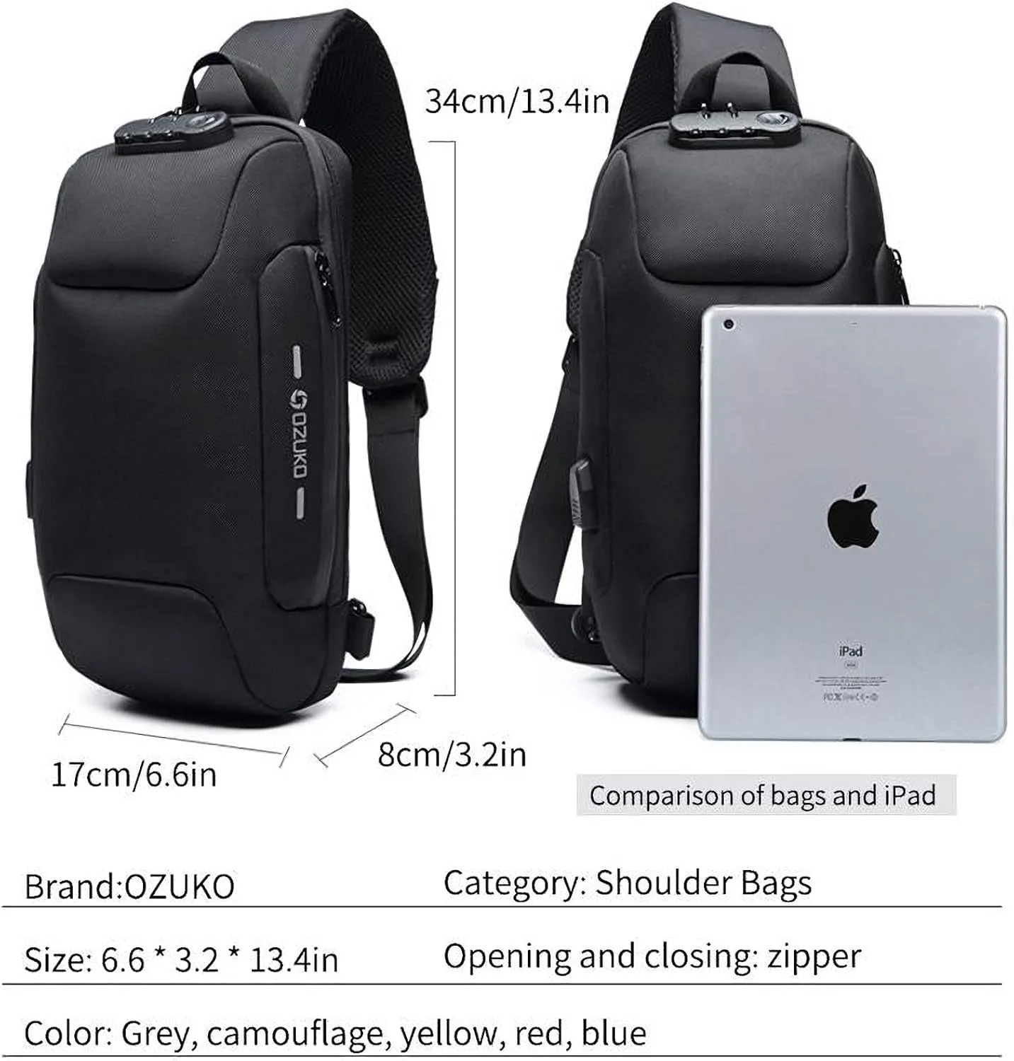 OZUKO sling bag for men anti theft backpacks with usb charger Travel Hiking Chest Bag Daypack water proof (Red)