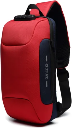 OZUKO sling bag for men anti theft backpacks with usb charger Travel Hiking Chest Bag Daypack water proof (Red)