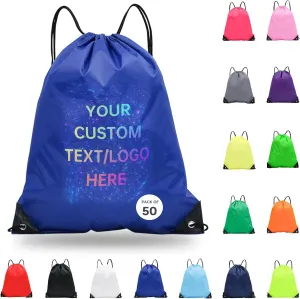 pack of 50 Custom Bags With Your Logo,Drawstring Backpacks Bulk String Bag,Great for Travelling, Gym and for Everyday Use (Custom Treasure Blue)