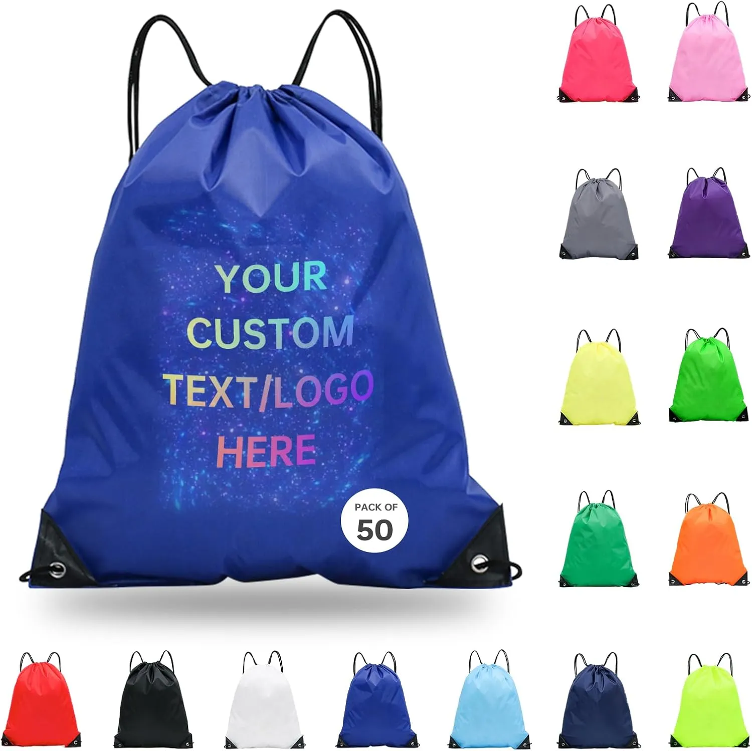 pack of 50 Custom Bags With Your Logo,Drawstring Backpacks Bulk String Bag,Great for Travelling, Gym and for Everyday Use (Custom Treasure Blue)