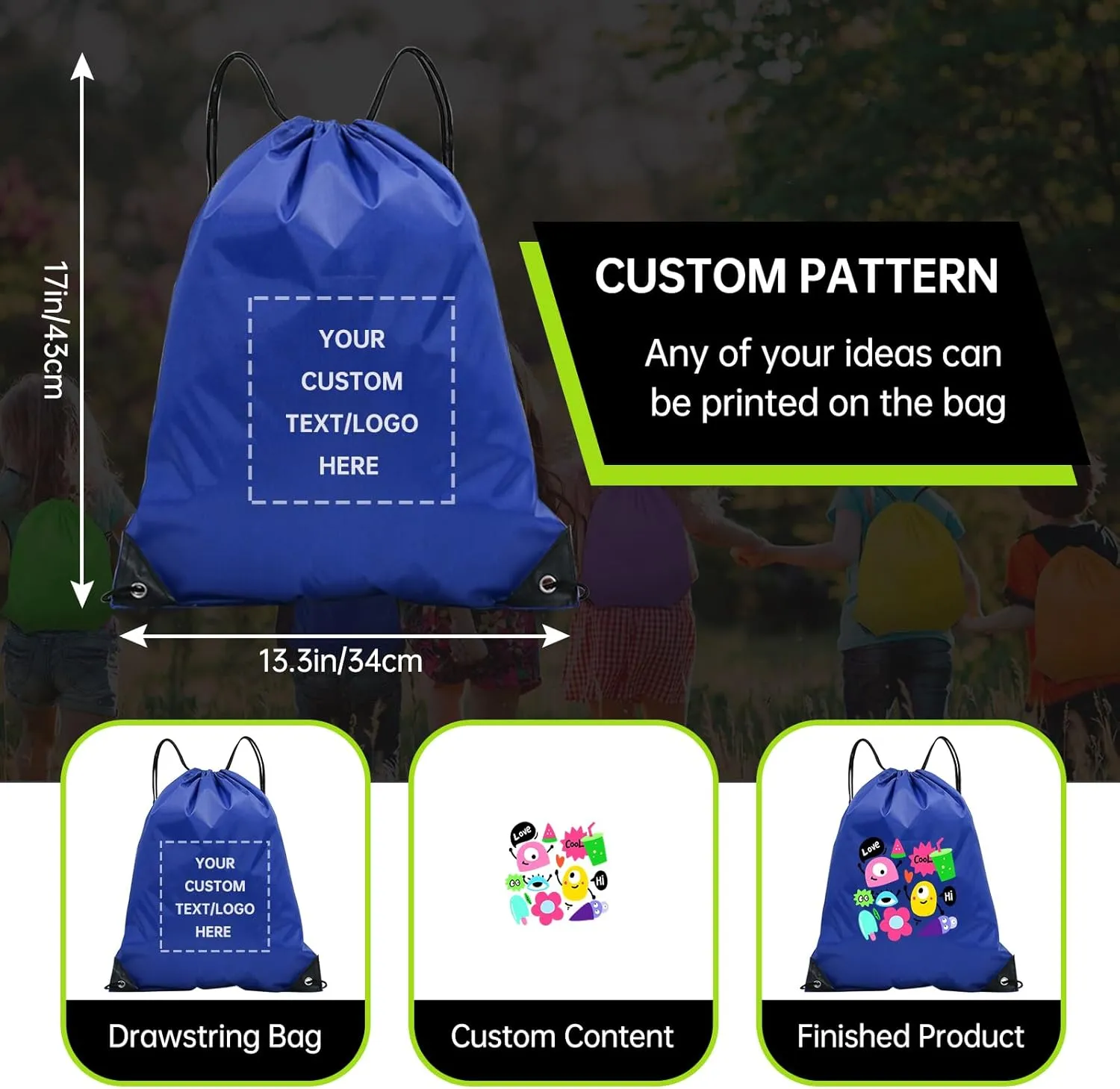 pack of 50 Custom Bags With Your Logo,Drawstring Backpacks Bulk String Bag,Great for Travelling, Gym and for Everyday Use (Custom Treasure Blue)