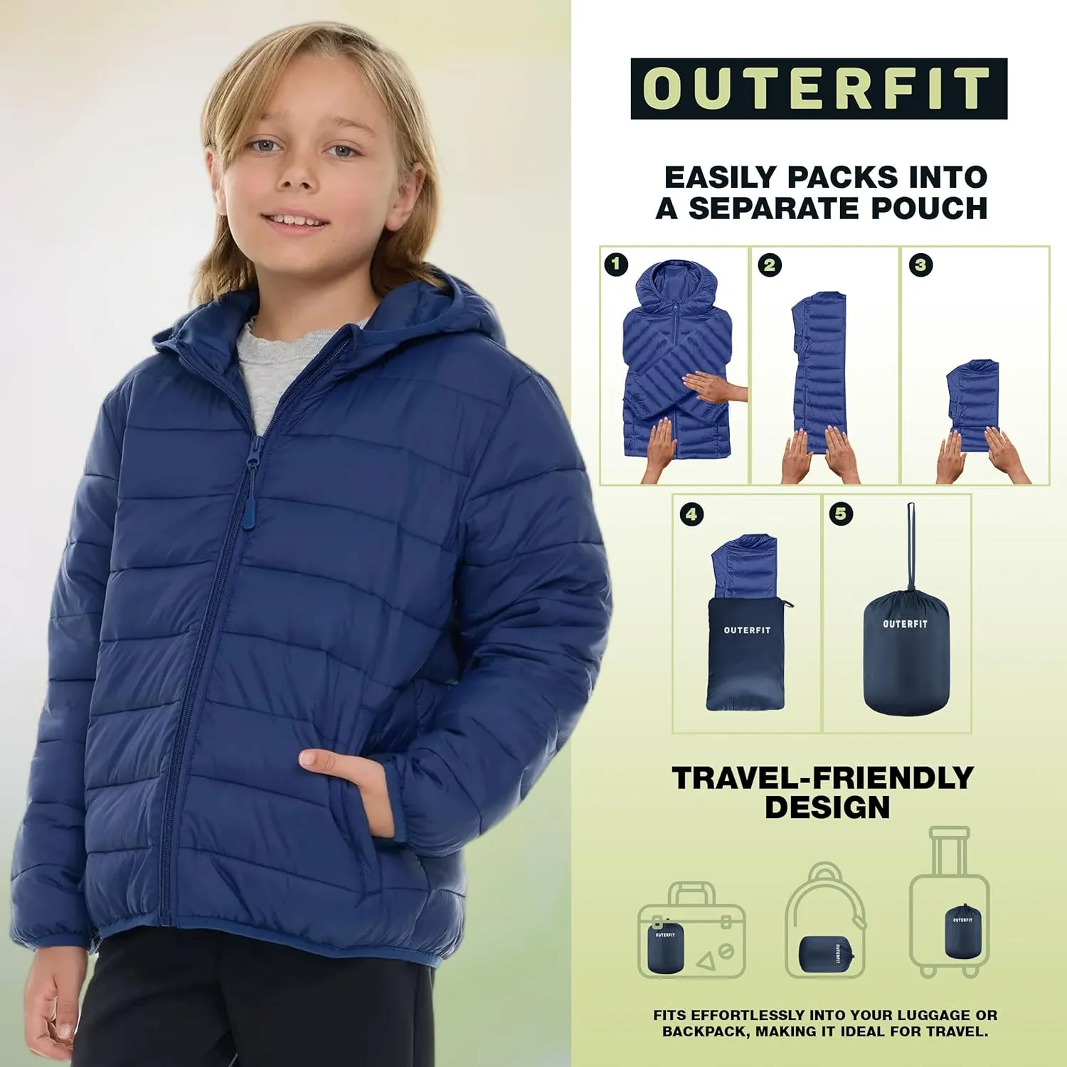 Packable Boys Puffer Jacket with Hood, Lightweight Boys Winter Jacket