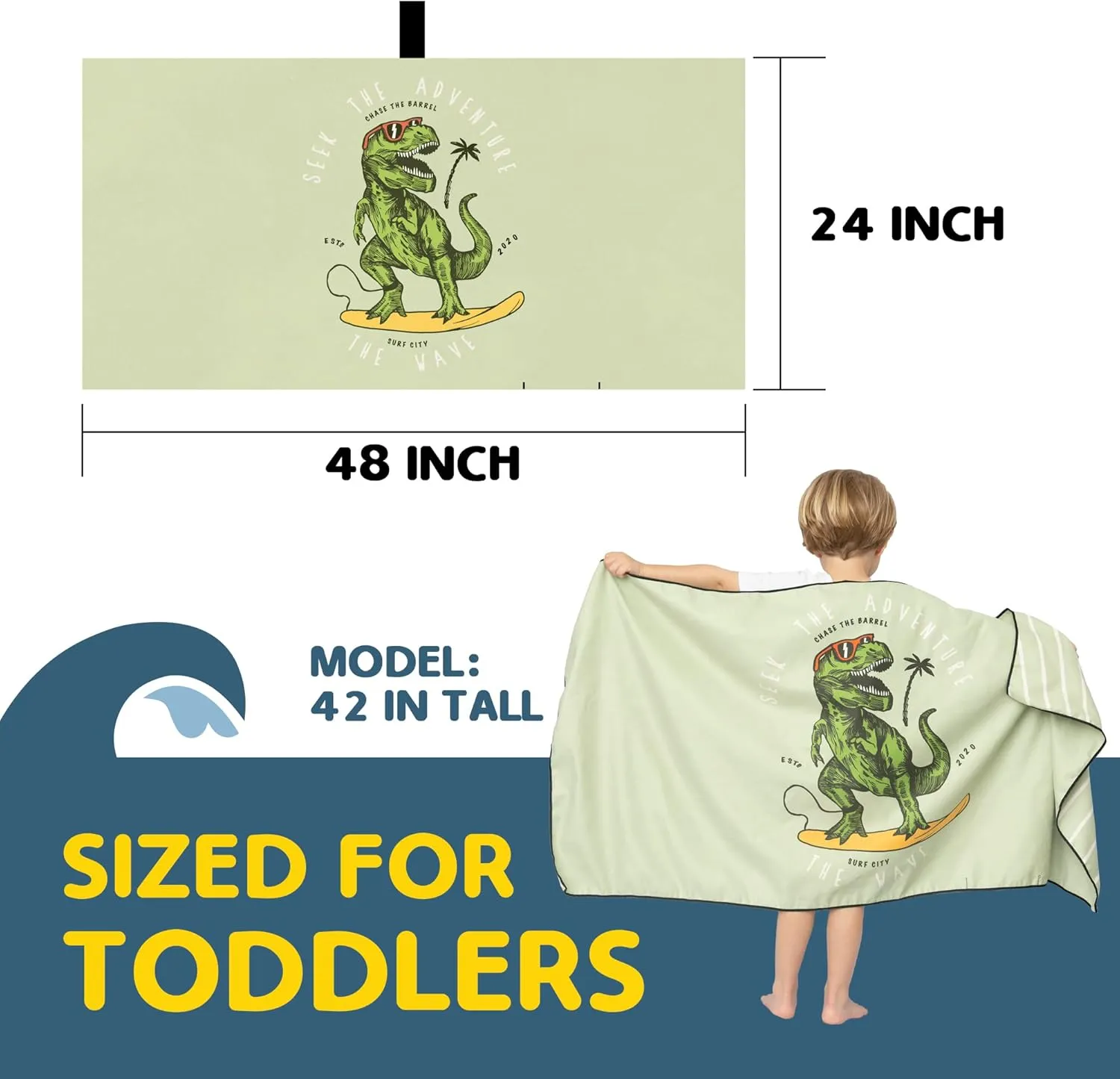 Packable Microfiber Toddler Beach Towel - Quick Dry Travel Towel Lightweight Sand Free Beach Towels for Kids Perfect for Beach, Pool, and Travel for Girls or Boys (Dino Wave)