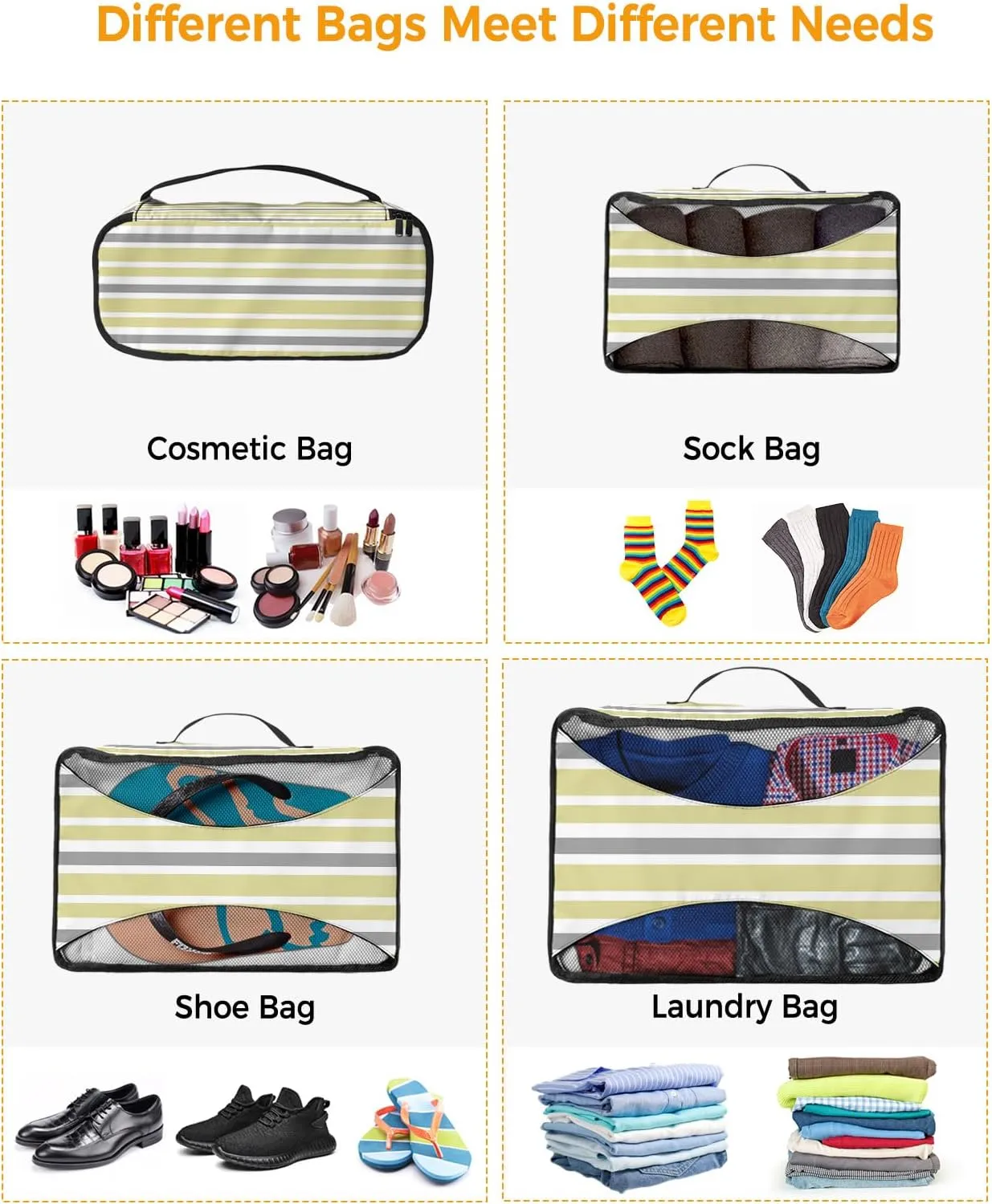 Packing Cubes for Travel, 4 Set Travel Packing Organized Cubes Yellow Gray White Stripe Waterproof Luggage Organizer with Laundry Bag Shoe Bag Travel Accessories for Carry On Suitcases