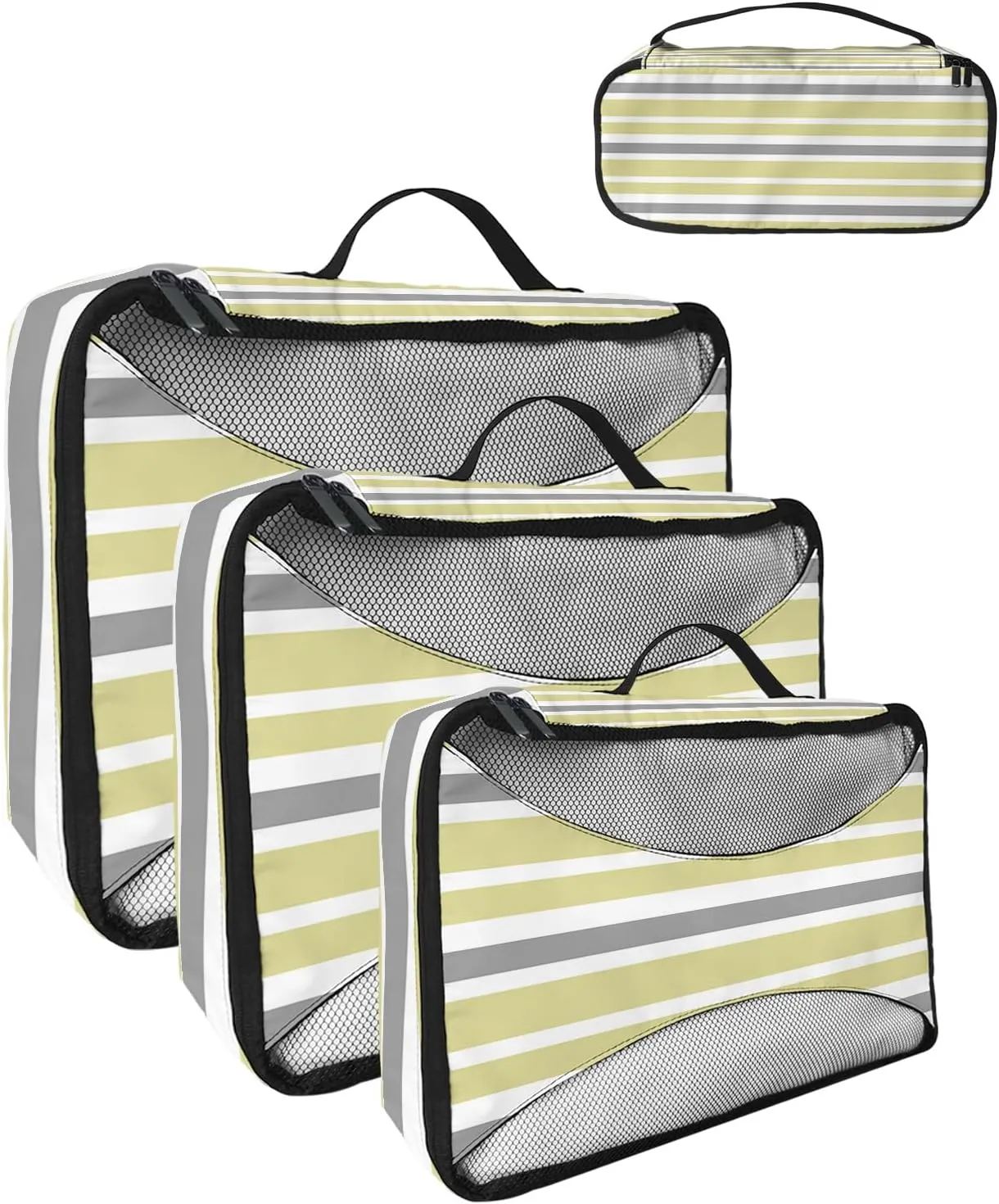 Packing Cubes for Travel, 4 Set Travel Packing Organized Cubes Yellow Gray White Stripe Waterproof Luggage Organizer with Laundry Bag Shoe Bag Travel Accessories for Carry On Suitcases