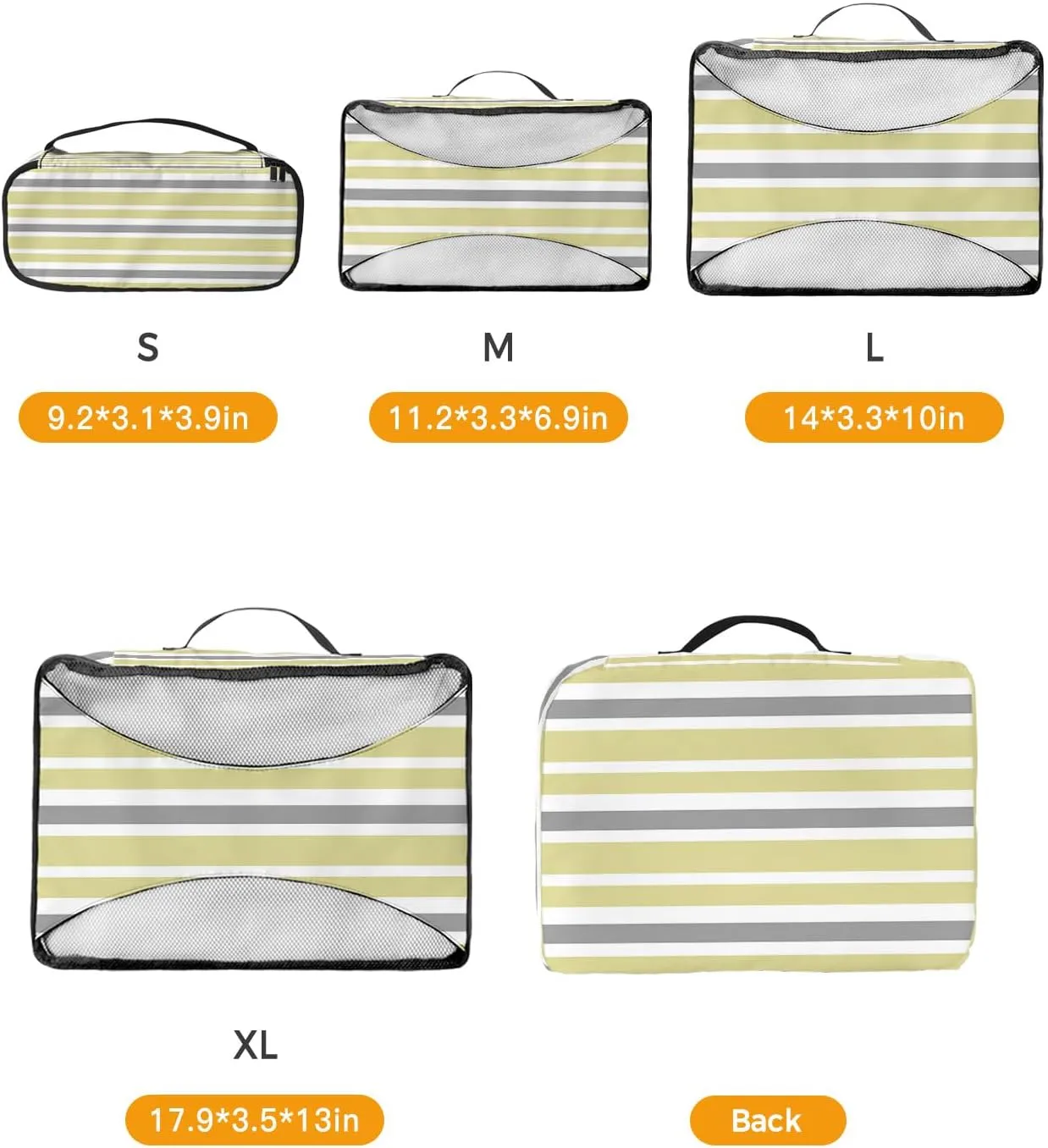 Packing Cubes for Travel, 4 Set Travel Packing Organized Cubes Yellow Gray White Stripe Waterproof Luggage Organizer with Laundry Bag Shoe Bag Travel Accessories for Carry On Suitcases