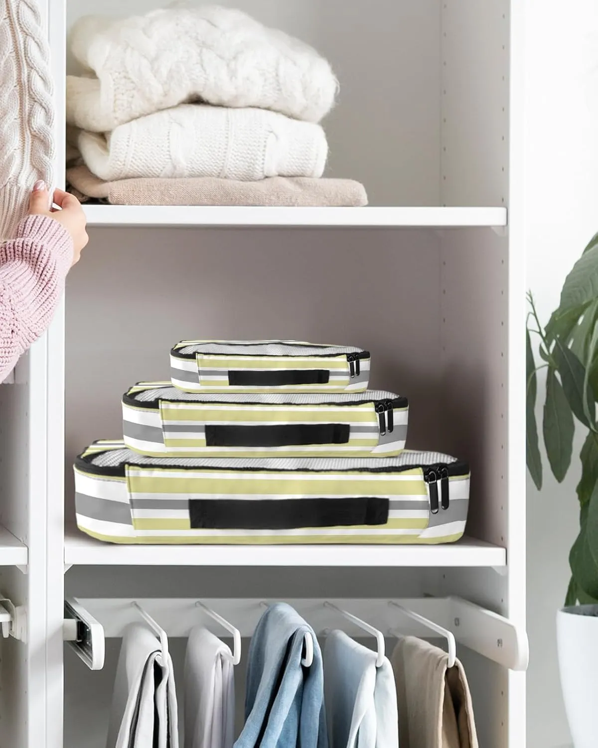 Packing Cubes for Travel, 4 Set Travel Packing Organized Cubes Yellow Gray White Stripe Waterproof Luggage Organizer with Laundry Bag Shoe Bag Travel Accessories for Carry On Suitcases