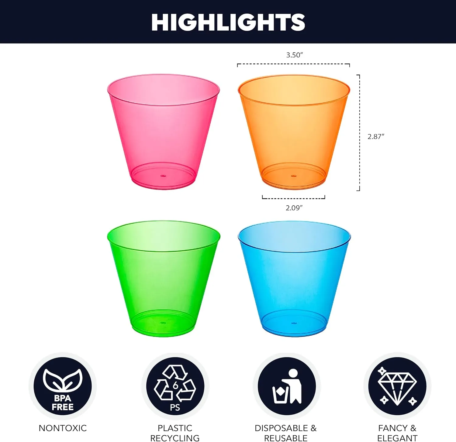 Party Essentials Hard Plastic 9-Ounce Party Cups/Old Fashioned Tumblers, 150-Count, Assorted Neon