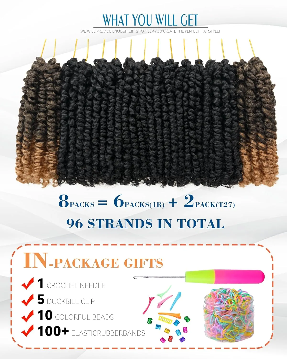 Passion Twist Crochet Hair-Mixed Color Combo Pack(6 packs 1B 2 packs T1B/27),Pre-twisted Pre Looped Super Soft & Bouncy Synthetic Braided Hair Extensions For Black Women and Kid(6"-8 Packs,1B T27)