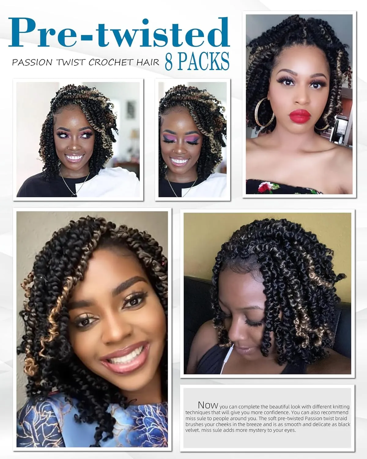 Passion Twist Crochet Hair-Mixed Color Combo Pack(6 packs 1B 2 packs T1B/27),Pre-twisted Pre Looped Super Soft & Bouncy Synthetic Braided Hair Extensions For Black Women and Kid(6"-8 Packs,1B T27)