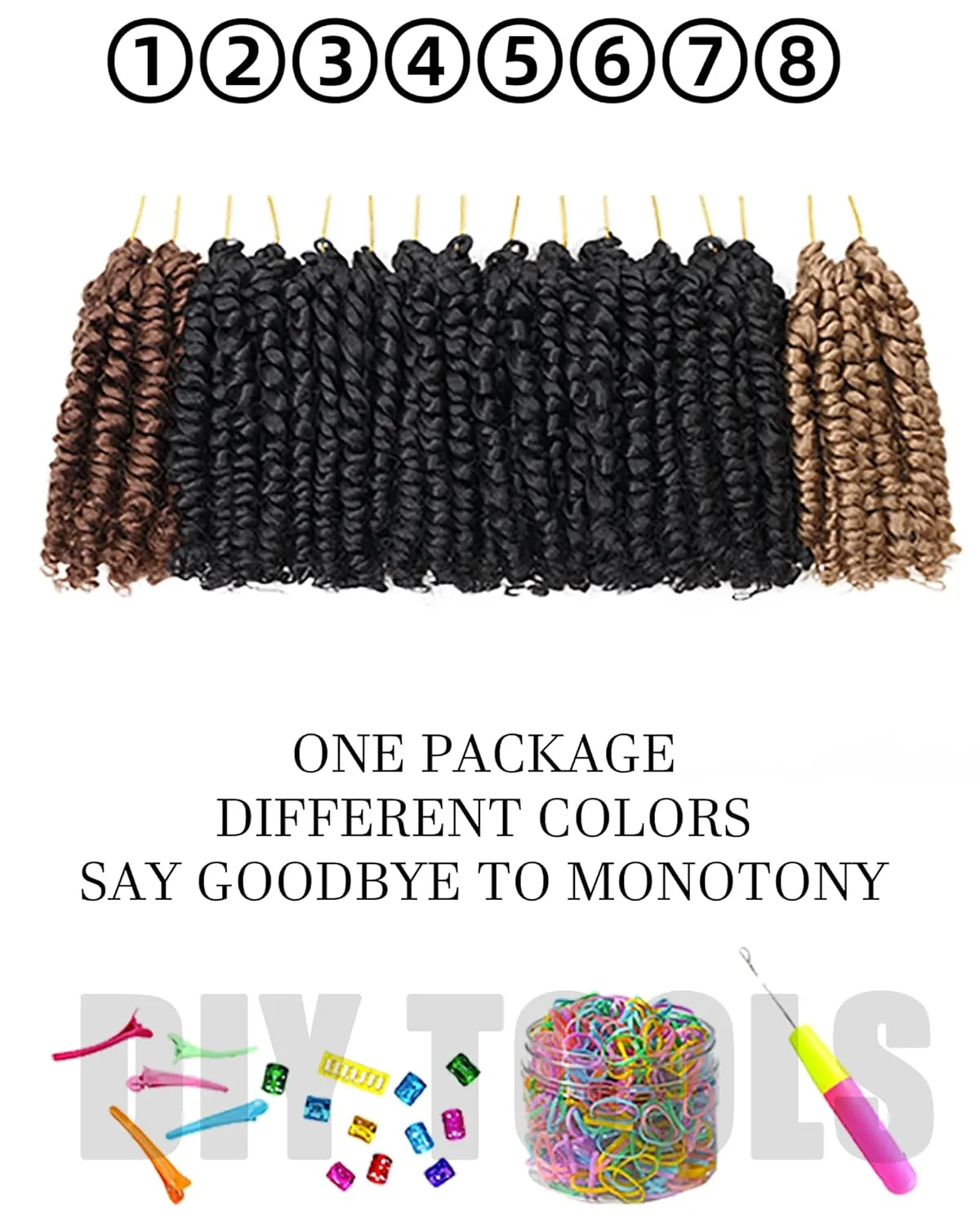 Passion Twist Crochet Hair- Mixed Colors Combo Pack,4 Inch 8 Packs Pre Looped Pretwisted Super Short Crochet Hair Extensions Braided by Synthetic Spring Kinky Twist Bohemian Curls(1B 27# 30#)