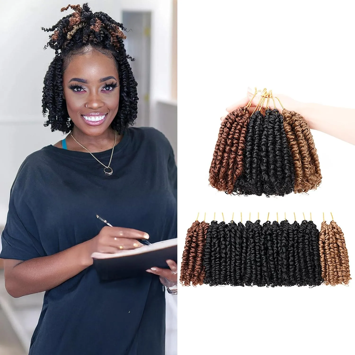 Passion Twist Crochet Hair- Mixed Colors Combo Pack,4 Inch 8 Packs Pre Looped Pretwisted Super Short Crochet Hair Extensions Braided by Synthetic Spring Kinky Twist Bohemian Curls(1B 27# 30#)