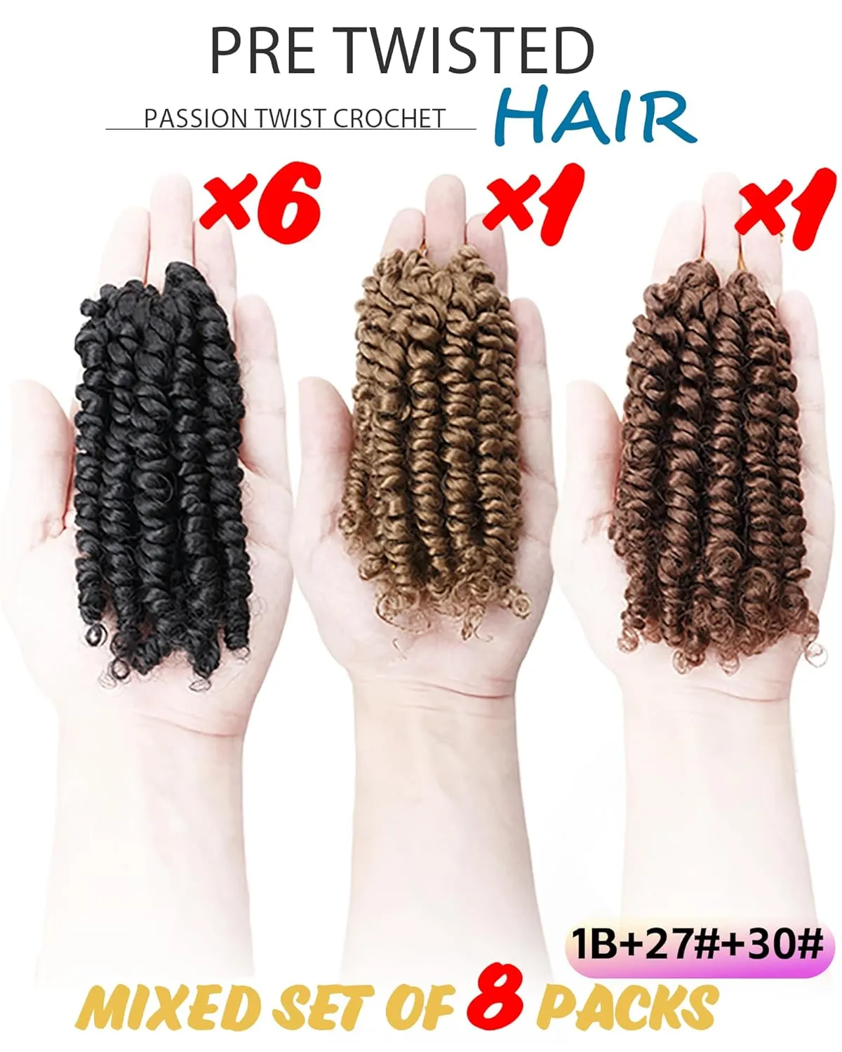 Passion Twist Crochet Hair- Mixed Colors Combo Pack,4 Inch 8 Packs Pre Looped Pretwisted Super Short Crochet Hair Extensions Braided by Synthetic Spring Kinky Twist Bohemian Curls(1B 27# 30#)