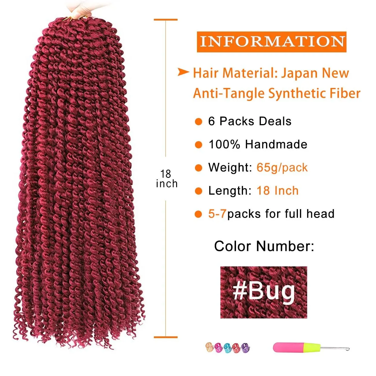 Passion Twist Hair Burgundy 18 Inch 6 Packs Burg Water Wave Crochet Hair for Butterfly Locs Passion Twists Long Bohemian Braiding Protective Style Hair Extensions (18 Inch 6 Packs, BUG#)