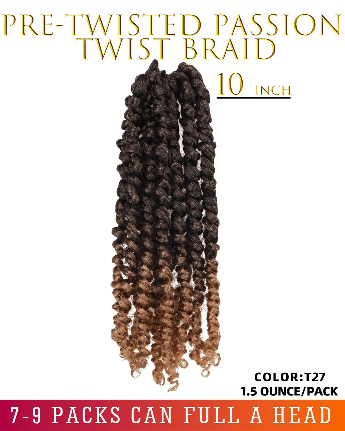 Passion Twist Hair-Pre-twisted Passion Twists,Pre-Looped Crochet Braids Made Of Bohemian Hair Synthetic Braiding Hair Extensions (10 Inch(Pack of 8), T27)