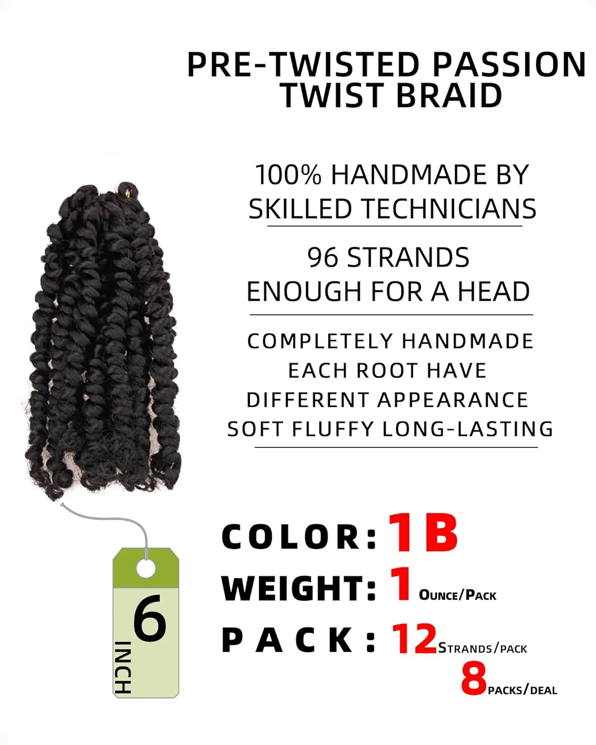 Passion Twist Hair-Pre-twisted Passion Twists,Pre-Looped Crochet Braids Made Of Bohemian Hair Synthetic Braiding Hair Extensions (6 Inch(Pack of 8), 1B)