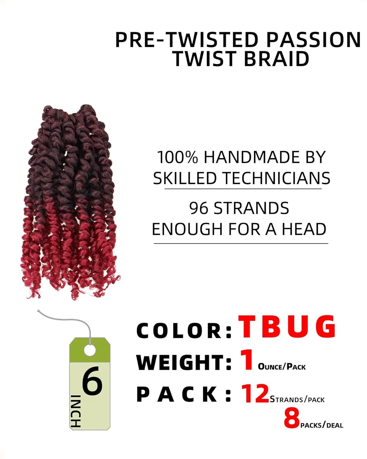 Passion Twist Hair-Pre-twisted Passion Twists,Pre-Looped Crochet Braids Made Of Bohemian Hair Synthetic Braiding Hair Extensions (6 Inch(Pack of 8), TBUG)