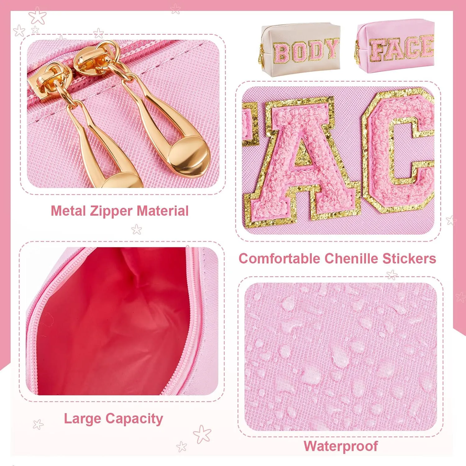 Patelai 2 Pcs Preppy Makeup Bags Chenille Letter Patch Bag Face Skin Hair Stuff Aesthetic Cosmetic Bag Travel Zipper Pouch Makeup Organizer Graduation Gift for Girls(White, Pink, Body, Face)