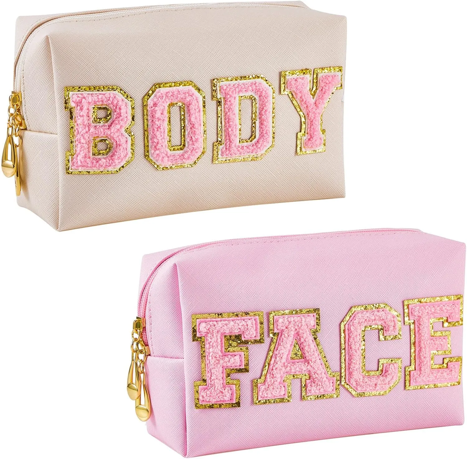 Patelai 2 Pcs Preppy Makeup Bags Chenille Letter Patch Bag Face Skin Hair Stuff Aesthetic Cosmetic Bag Travel Zipper Pouch Makeup Organizer Graduation Gift for Girls(White, Pink, Body, Face)