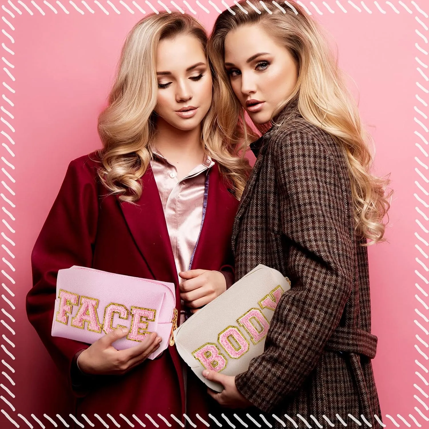 Patelai 2 Pcs Preppy Makeup Bags Chenille Letter Patch Bag Face Skin Hair Stuff Aesthetic Cosmetic Bag Travel Zipper Pouch Makeup Organizer Graduation Gift for Girls(White, Pink, Body, Face)