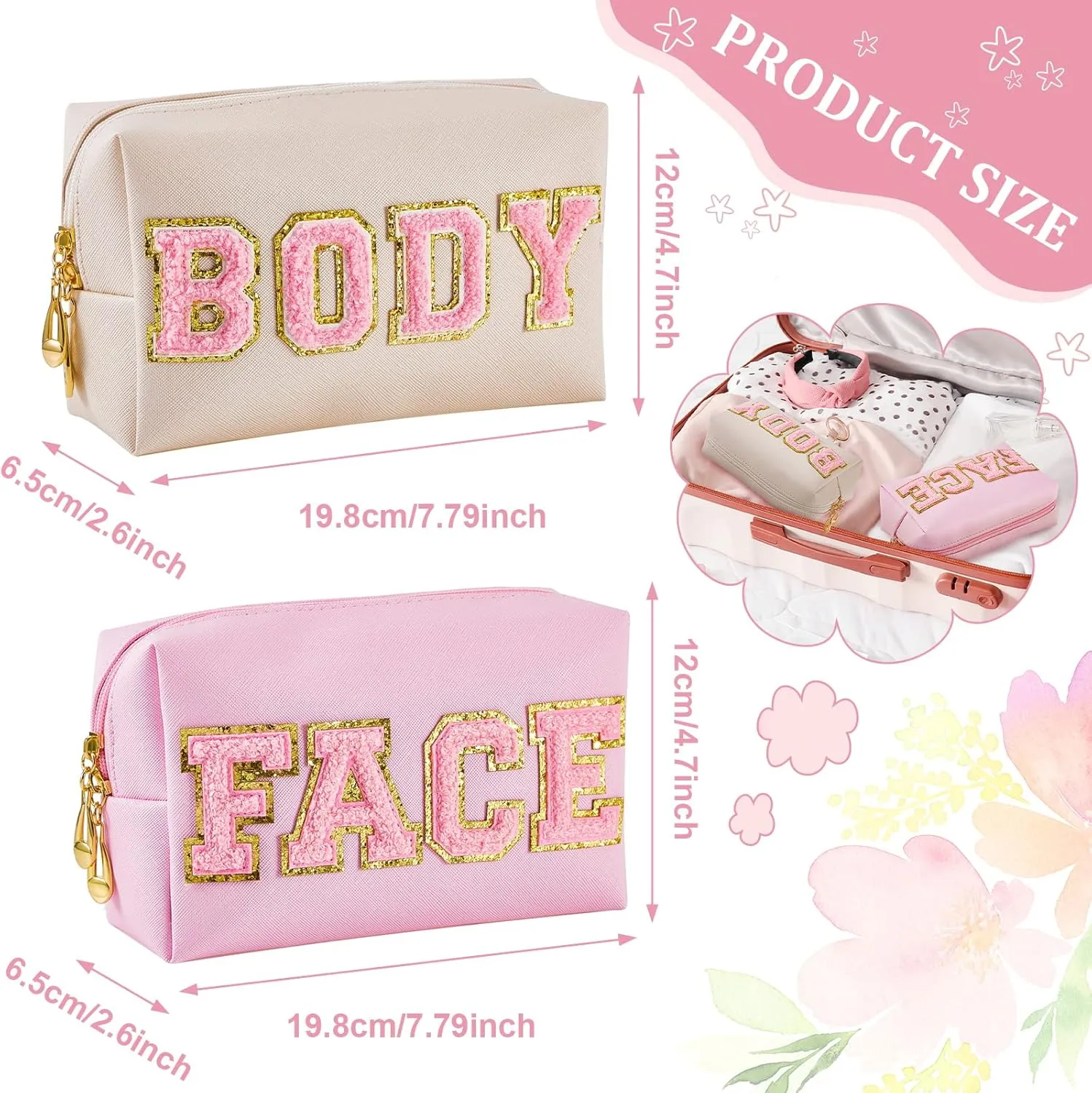 Patelai 2 Pcs Preppy Makeup Bags Chenille Letter Patch Bag Face Skin Hair Stuff Aesthetic Cosmetic Bag Travel Zipper Pouch Makeup Organizer Graduation Gift for Girls(White, Pink, Body, Face)