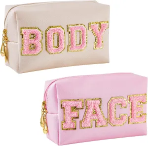 Patelai 2 Pcs Preppy Makeup Bags Chenille Letter Patch Bag Face Skin Hair Stuff Aesthetic Cosmetic Bag Travel Zipper Pouch Makeup Organizer Graduation Gift for Girls(White, Pink, Body, Face)