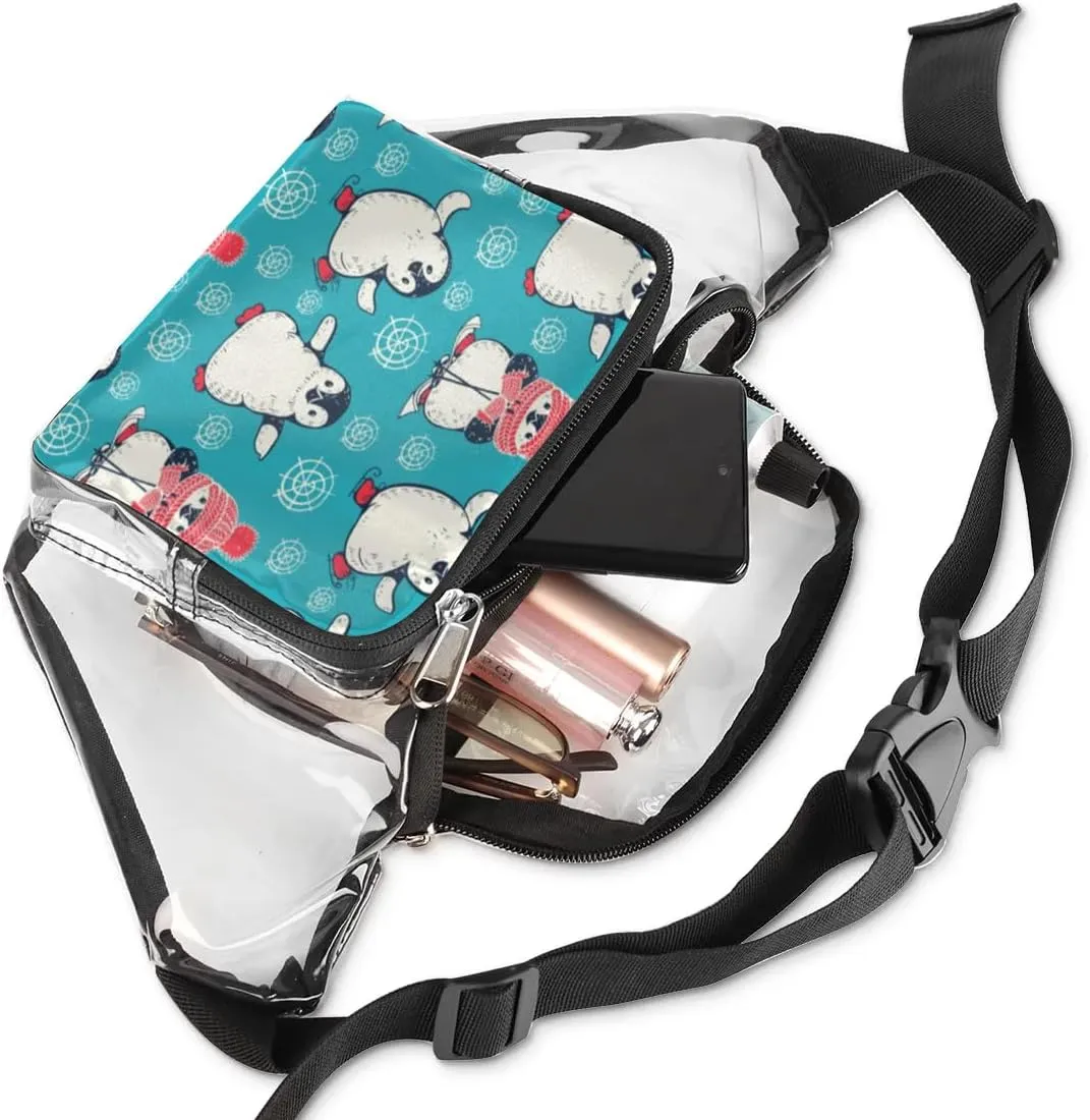 Penguins Cartoon Pattern Clear Fanny Pack Stadium Approved Clear Crossbody Belt Bag for Women Men Transparent Waist Bag with Adjustable Strap for Concerts Sports Events Travel