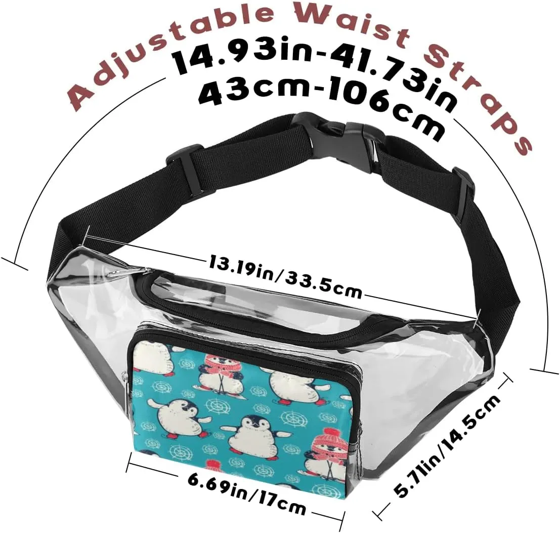 Penguins Cartoon Pattern Clear Fanny Pack Stadium Approved Clear Crossbody Belt Bag for Women Men Transparent Waist Bag with Adjustable Strap for Concerts Sports Events Travel
