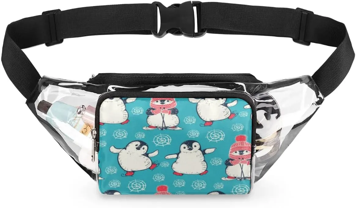 Penguins Cartoon Pattern Clear Fanny Pack Stadium Approved Clear Crossbody Belt Bag for Women Men Transparent Waist Bag with Adjustable Strap for Concerts Sports Events Travel