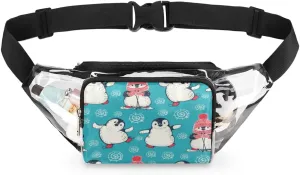 Penguins Cartoon Pattern Clear Fanny Pack Stadium Approved Clear Crossbody Belt Bag for Women Men Transparent Waist Bag with Adjustable Strap for Concerts Sports Events Travel