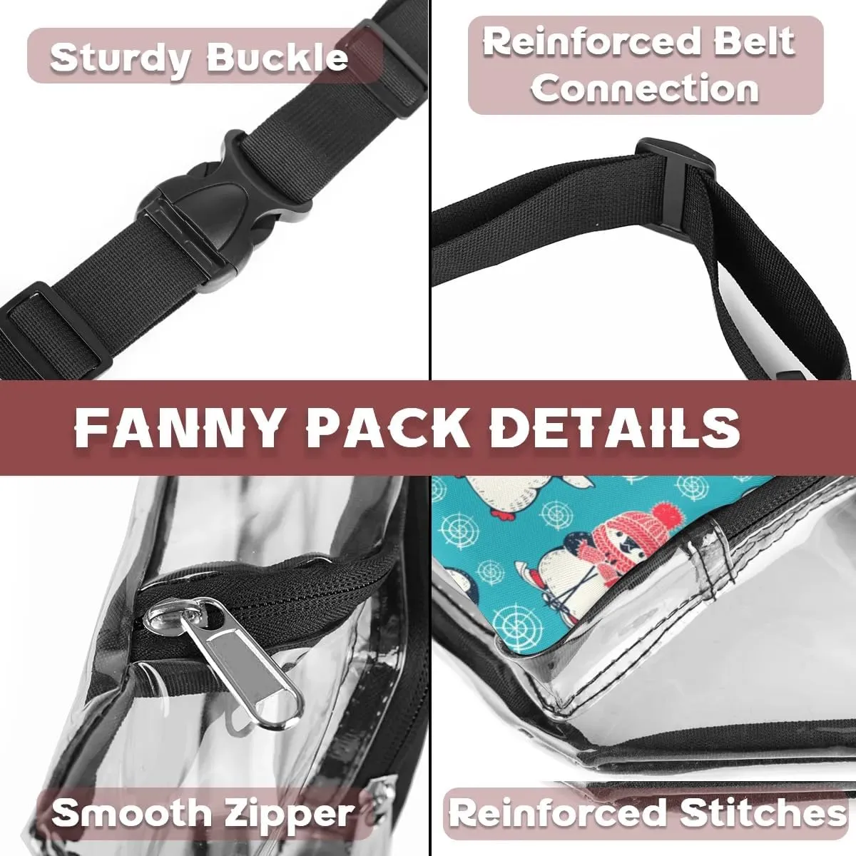 Penguins Cartoon Pattern Clear Fanny Pack Stadium Approved Clear Crossbody Belt Bag for Women Men Transparent Waist Bag with Adjustable Strap for Concerts Sports Events Travel