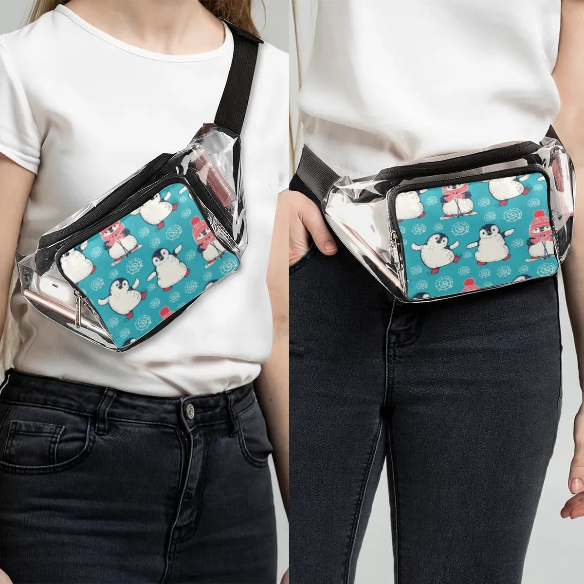 Penguins Cartoon Pattern Clear Fanny Pack Stadium Approved Clear Crossbody Belt Bag for Women Men Transparent Waist Bag with Adjustable Strap for Concerts Sports Events Travel