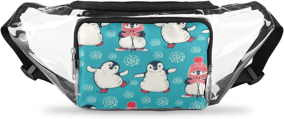 Penguins Cartoon Pattern Clear Fanny Pack Stadium Approved Clear Crossbody Belt Bag for Women Men Transparent Waist Bag with Adjustable Strap for Concerts Sports Events Travel