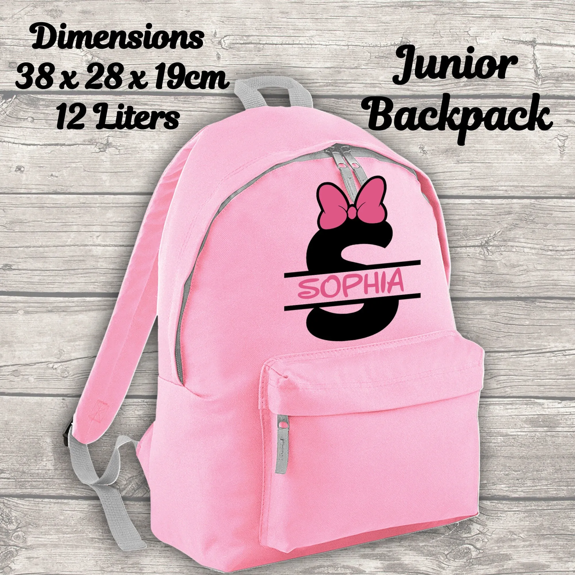 Personalised Name, Initial and Bow 12 Litre Backpack Water Bottle Lunch Bag and FREE Pencil Case Back To School Backpack Kids Junior Size