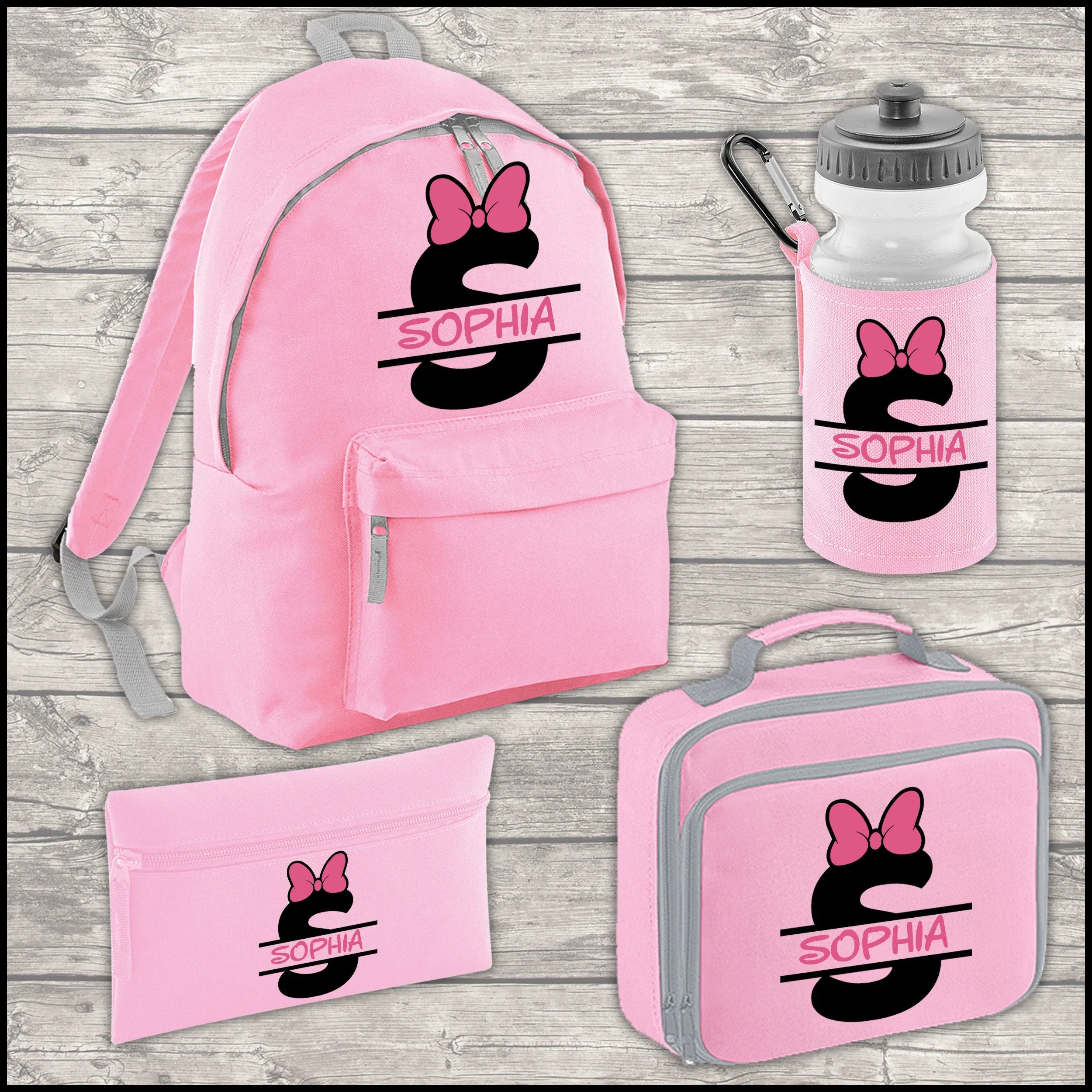 Personalised Name, Initial and Bow 12 Litre Backpack Water Bottle Lunch Bag and FREE Pencil Case Back To School Backpack Kids Junior Size