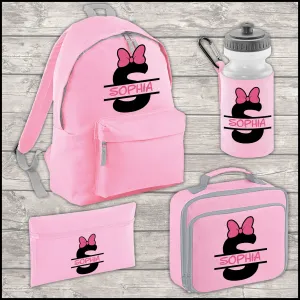 Personalised Name, Initial and Bow 12 Litre Backpack Water Bottle Lunch Bag and FREE Pencil Case Back To School Backpack Kids Junior Size