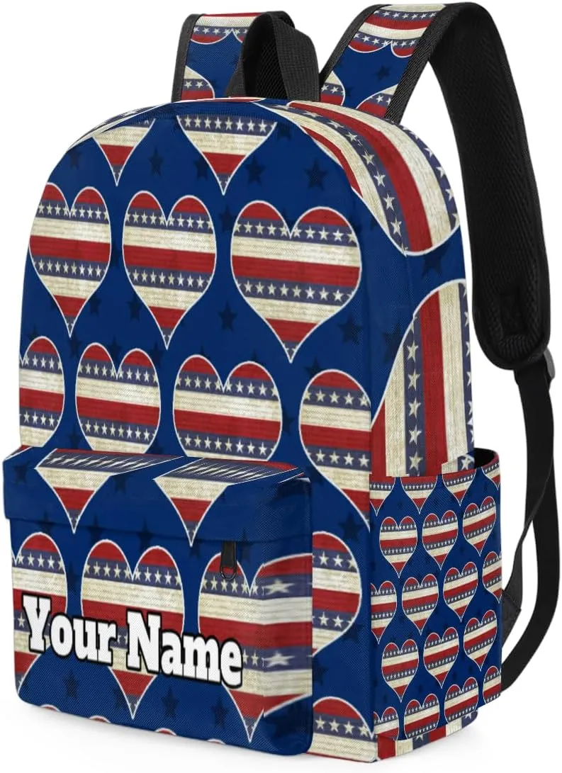 Personalized 4th of July Preschool Toddler Backpack for Boys Girls Custom Kids Name Small Bookbags Kindergarten Elementary Backpack, Heart American Flag