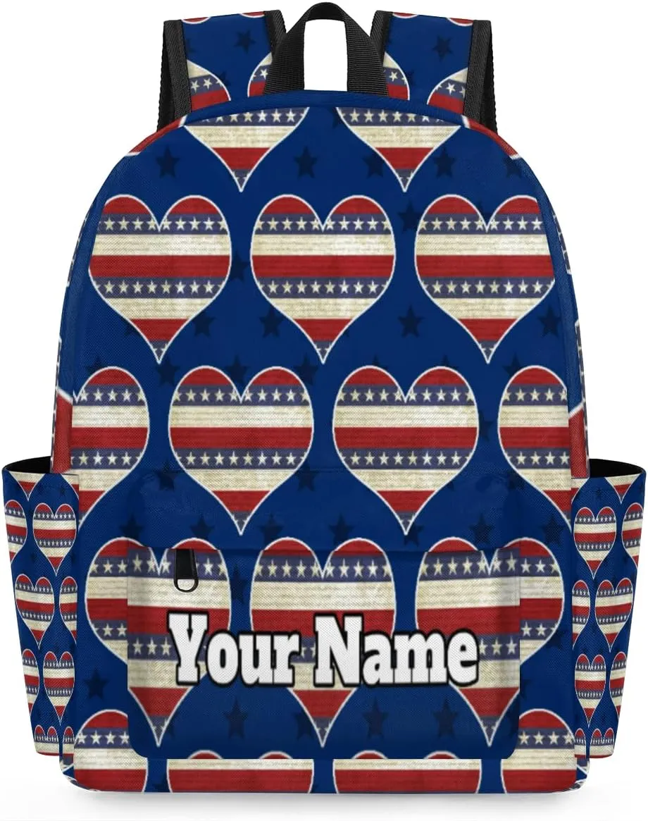 Personalized 4th of July Preschool Toddler Backpack for Boys Girls Custom Kids Name Small Bookbags Kindergarten Elementary Backpack, Heart American Flag