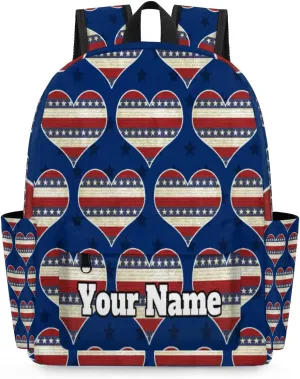 Personalized 4th of July Preschool Toddler Backpack for Boys Girls Custom Kids Name Small Bookbags Kindergarten Elementary Backpack, Heart American Flag
