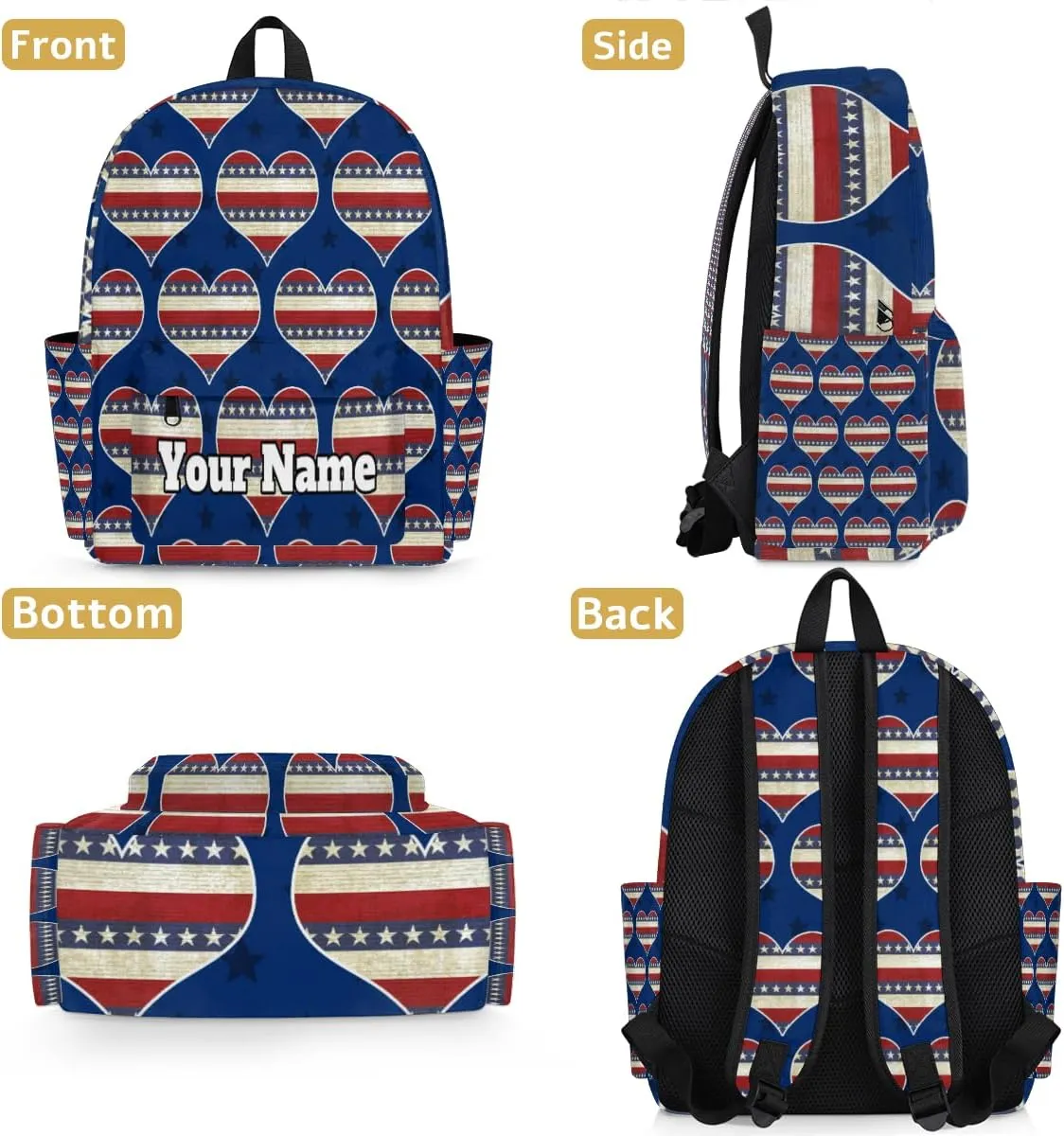 Personalized 4th of July Preschool Toddler Backpack for Boys Girls Custom Kids Name Small Bookbags Kindergarten Elementary Backpack, Heart American Flag