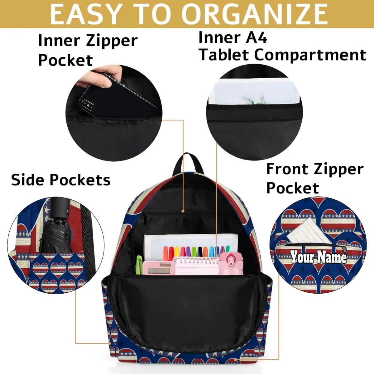 Personalized 4th of July Preschool Toddler Backpack for Boys Girls Custom Kids Name Small Bookbags Kindergarten Elementary Backpack, Heart American Flag