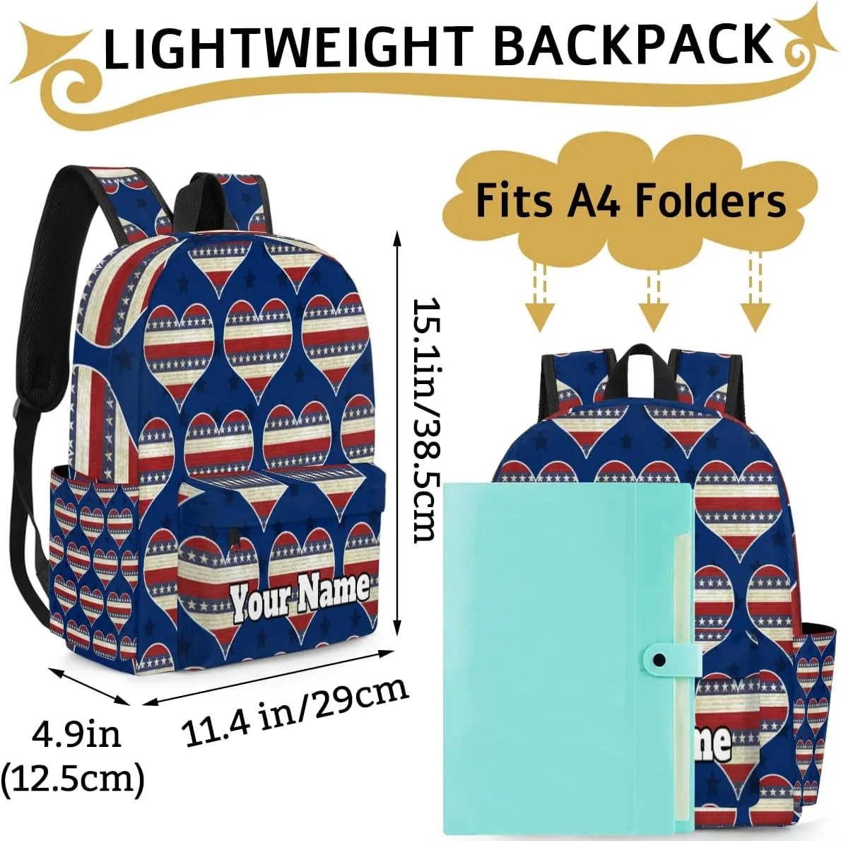 Personalized 4th of July Preschool Toddler Backpack for Boys Girls Custom Kids Name Small Bookbags Kindergarten Elementary Backpack, Heart American Flag