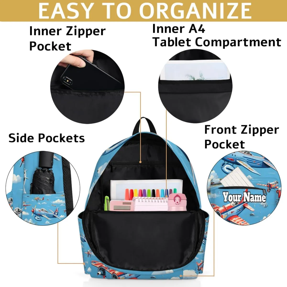 Personalized Airplanes Preschool Toddler Backpack for Boys Girls Custom Kids Name Small Bookbags Kindergarten Elementary Backpack, Flying Airplane