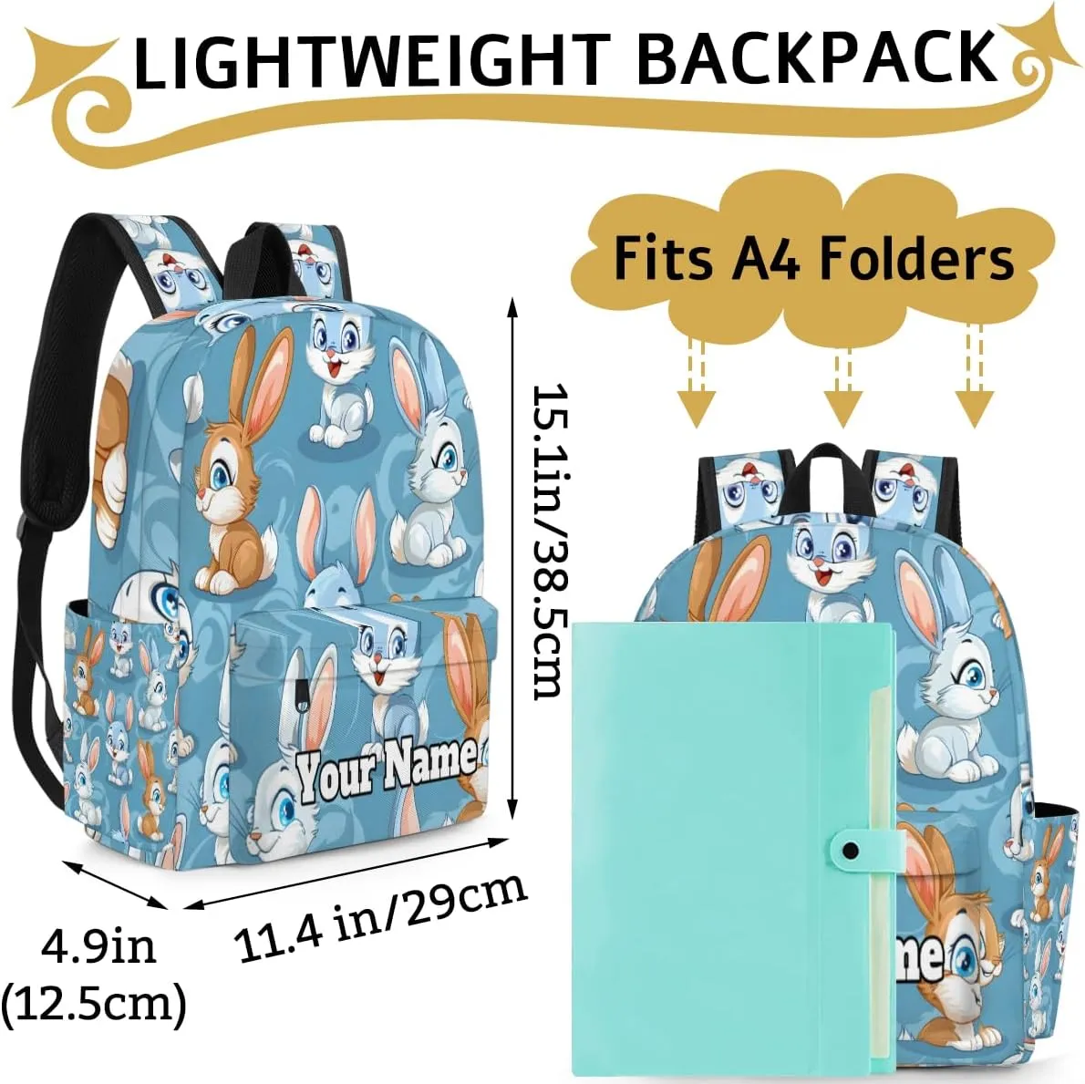 Personalized Animals Rabbits Preschool Toddler Backpack for Boys Girls Custom Kids Name Small Bookbags Kindergarten Elementary Backpack, Cartoon Rabbits