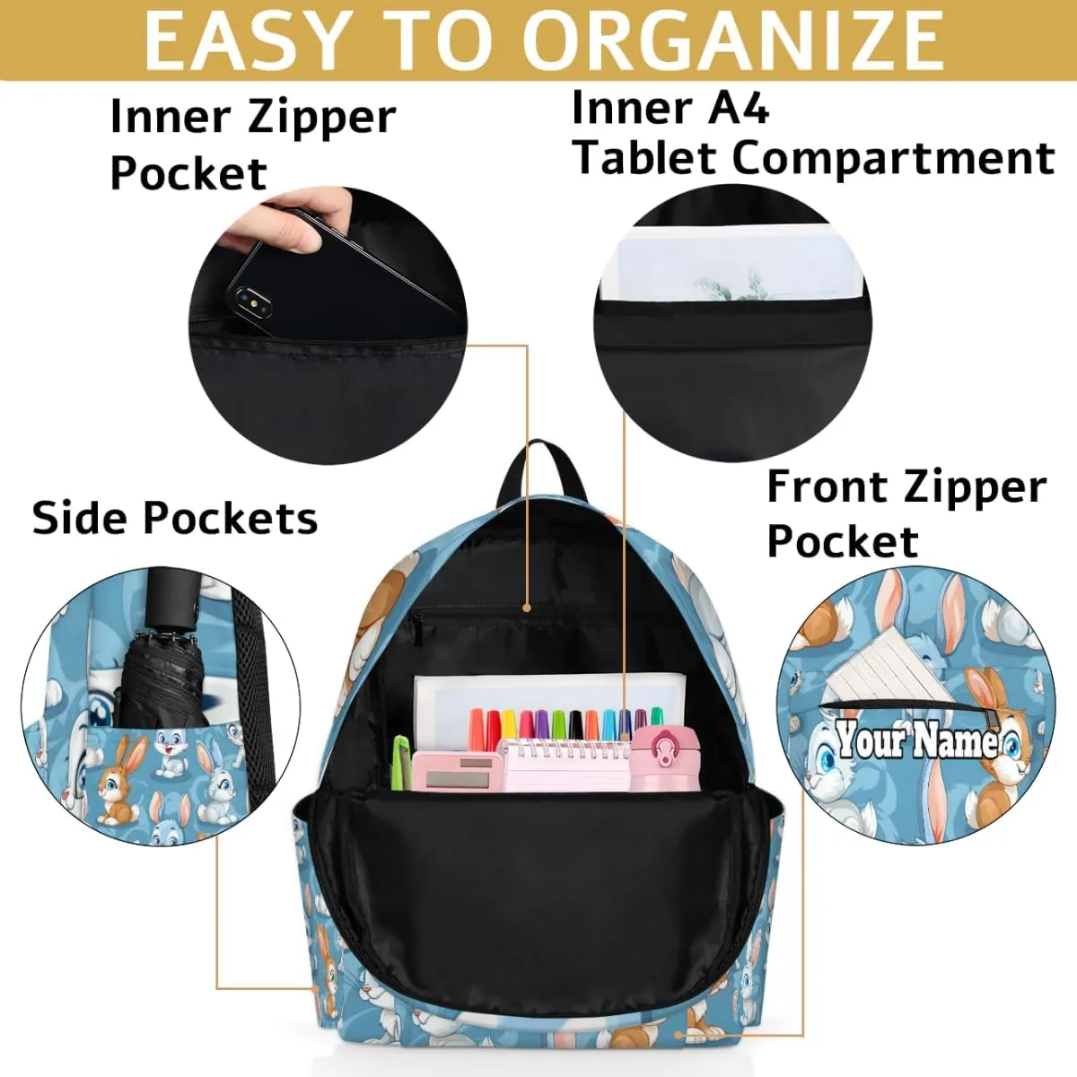 Personalized Animals Rabbits Preschool Toddler Backpack for Boys Girls Custom Kids Name Small Bookbags Kindergarten Elementary Backpack, Cartoon Rabbits