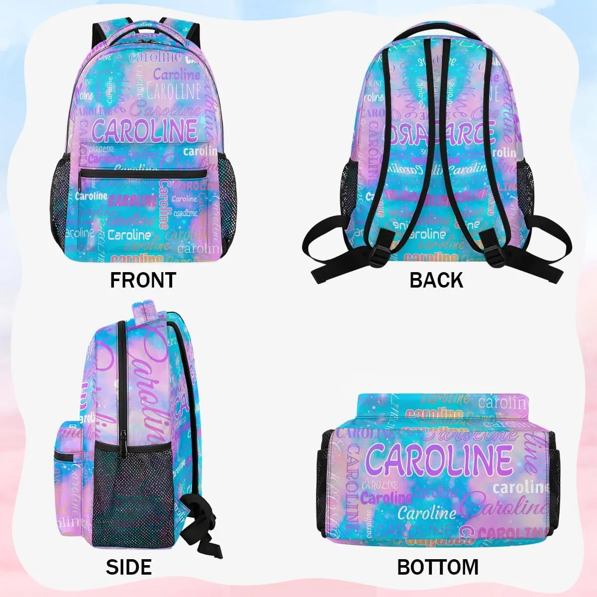 Personalized Backpack Bag with Name Lightweight Custom Shoulder Bags Waterproof Casual Backpacks Laptop Bag for Travel Work Picnic 16in, Blue Pink Glitter